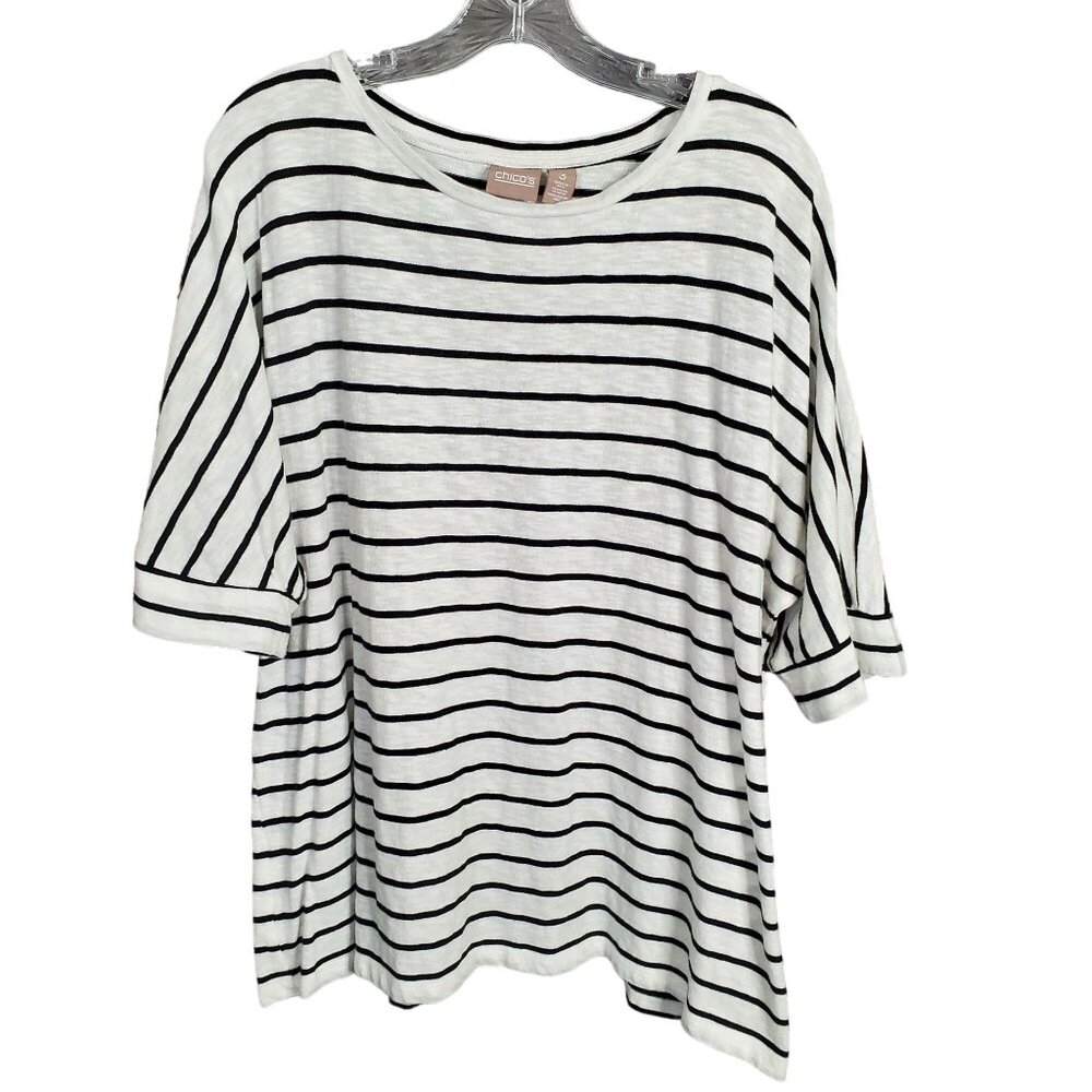 Chicos 3 Size XL Shirt Nautical Stripe Banded Kimono Half Sleeve Relaxed Knit - Picture 2 of 8